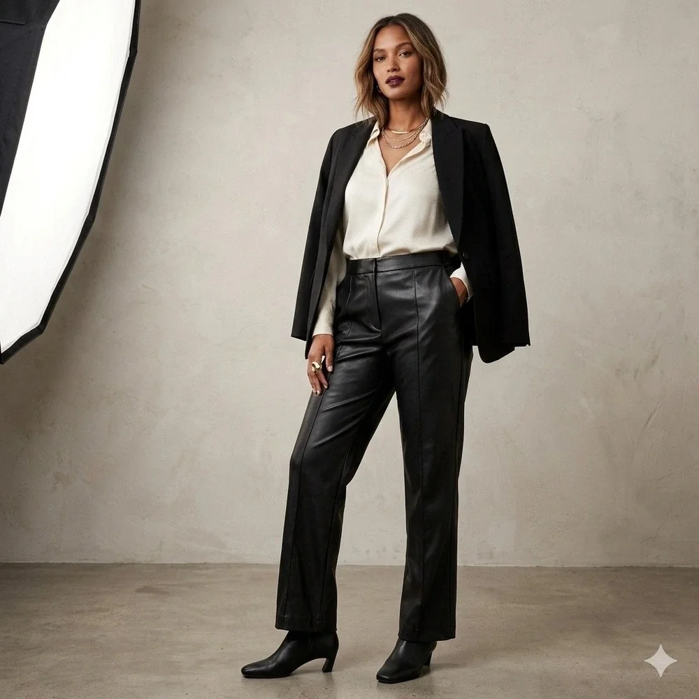 Eloquii Black Faux Leather Straight Leg Pants Plus Size 16 High Rise‎